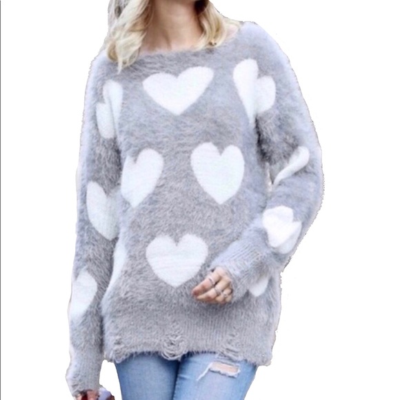 Sweaters - Heather Grey Heart Distressed Mohair Sweater